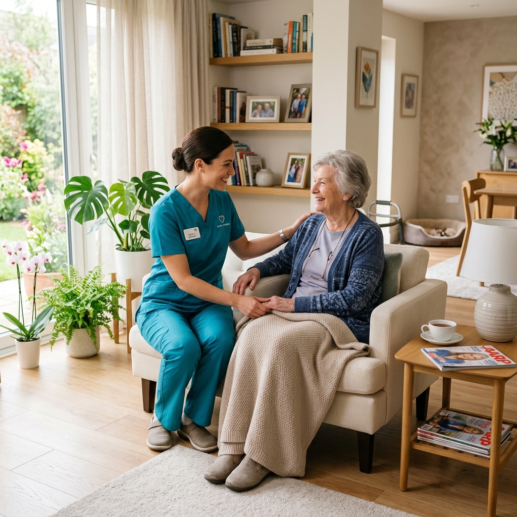 Caregiver assisting elderly woman